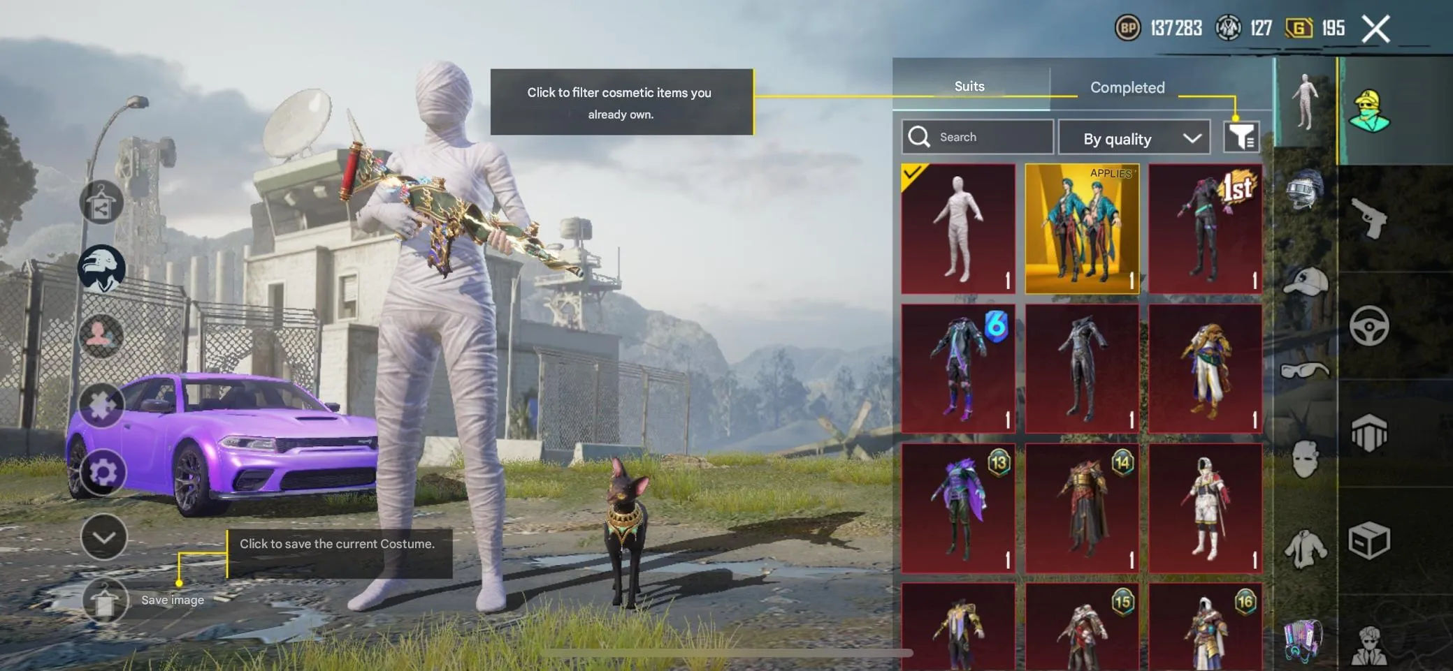 PGM295 3 Dodge Sports Cars, Ripping Roar Lv7, M416 Wanderer Lv5, M416 Jester Lv4, White Mummy, Gold Suit, Platinum Rank, 50+ Mythic Skins (G)